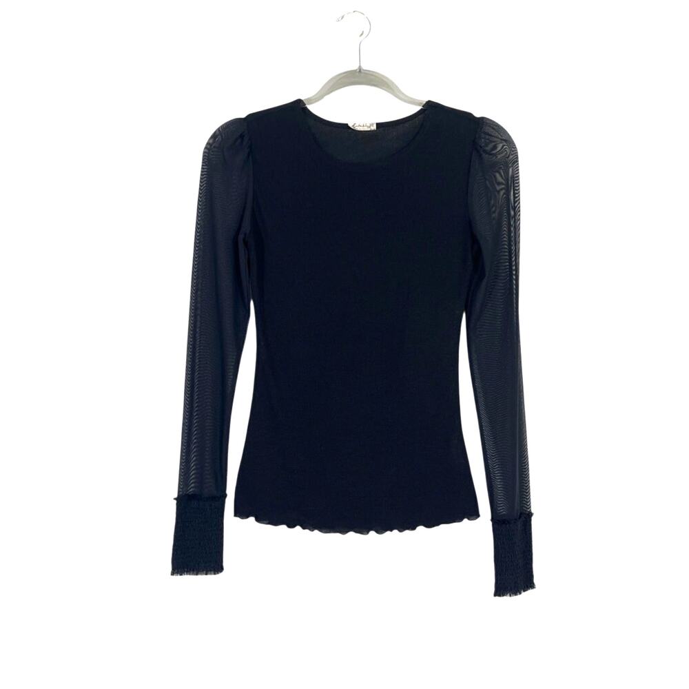 Intimately Free People Turn It Up Black Mesh Long Puff Sleeve Top Size Small